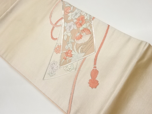 リサイクル　銀駒刺繍鴛鴦に花々・組紐模様名古屋帯